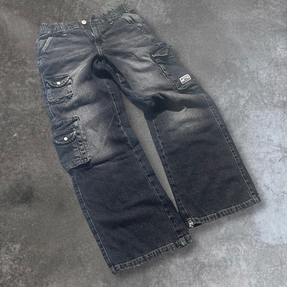 Mens Jeans Cargo Pants Size Adjustable Waist Distressed Black Denim